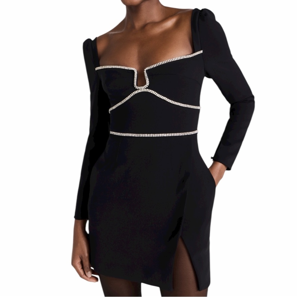 Self Portrait Black Crepe Diamante Detail Mini Dress, Size 8 - Picture 7 of 13